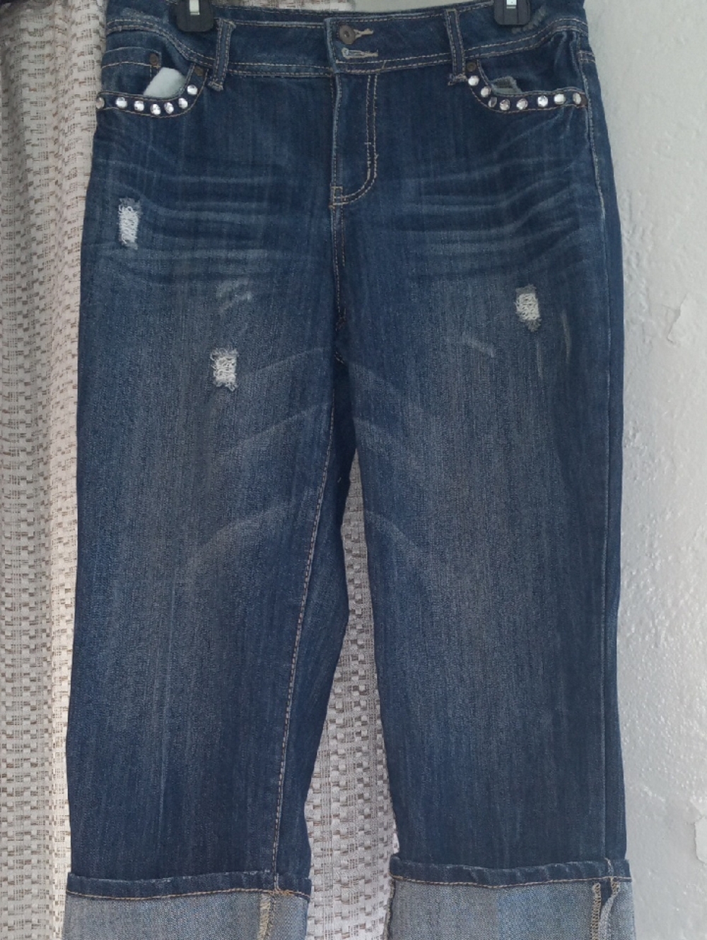 Fashion Bug Dark Blue Distressed Women’s Jeans with Studded Pockets